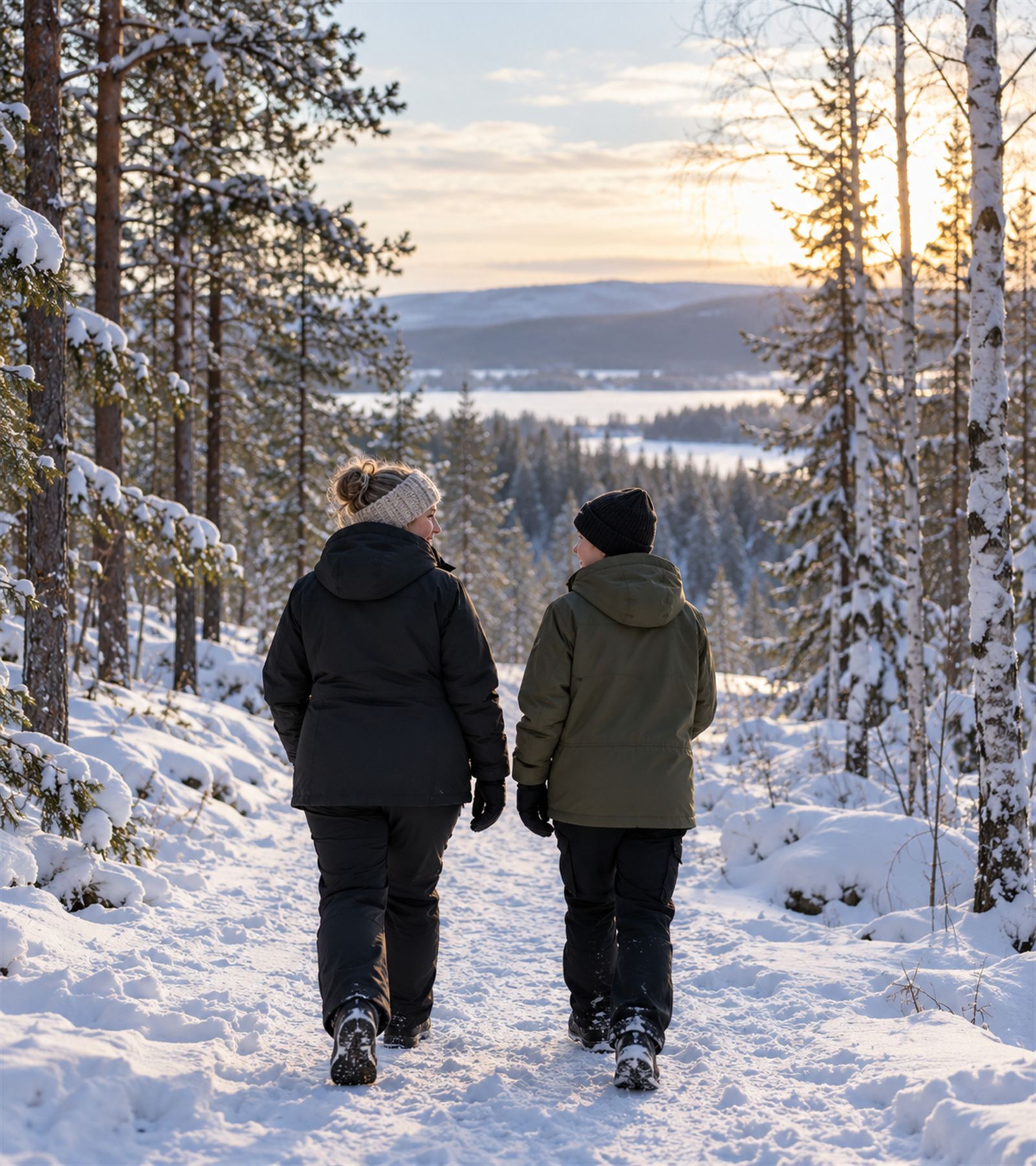 Aikuinen ja nuori kävelevät yhdessä lumisella metsäpolulla