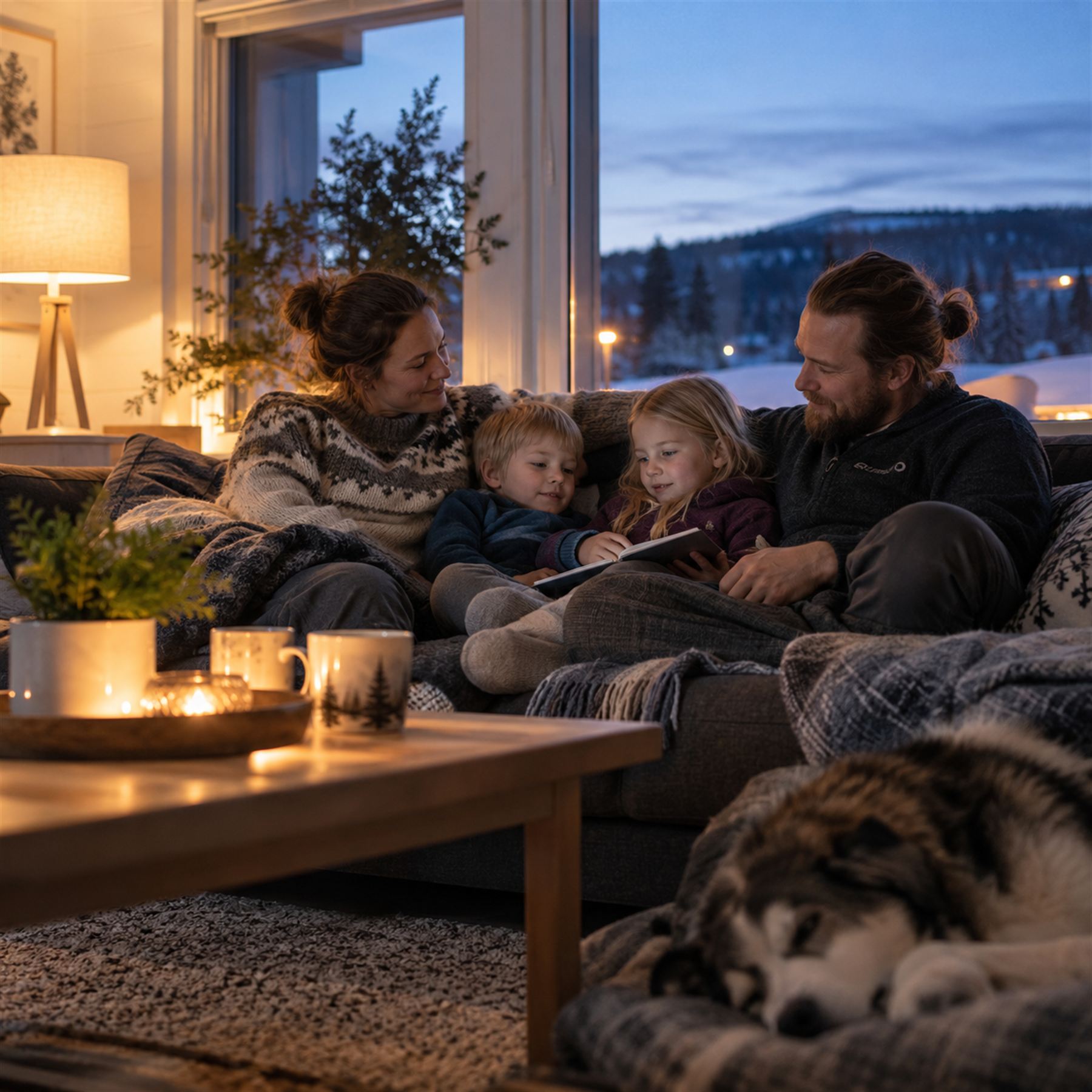Perhe viettää rauhallista yhteistä hetkeä sohvalla lämpimässä iltavalossa