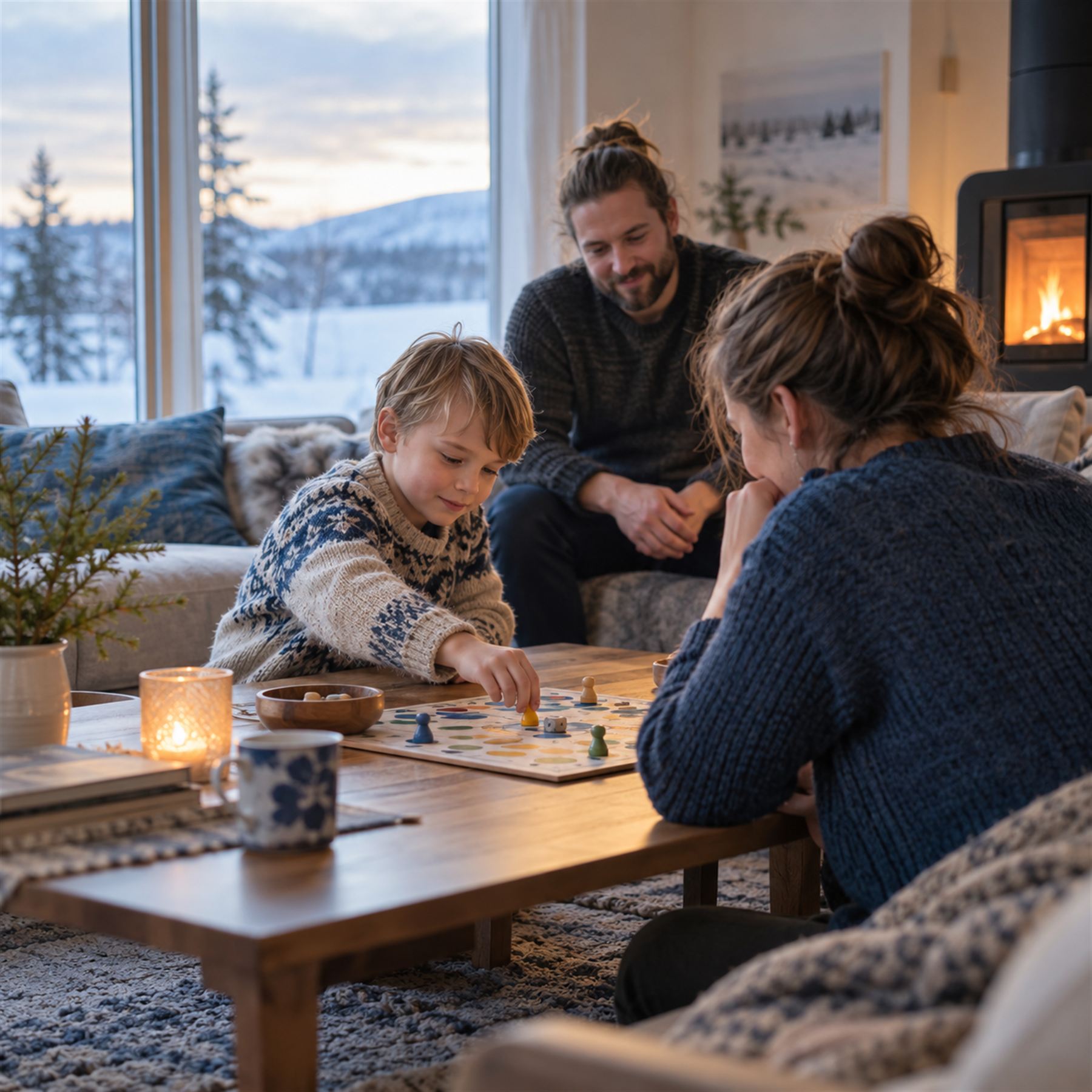 Vanhempi ja lapsi pelaavat lautapeliä aikuisen istuessa lähellä