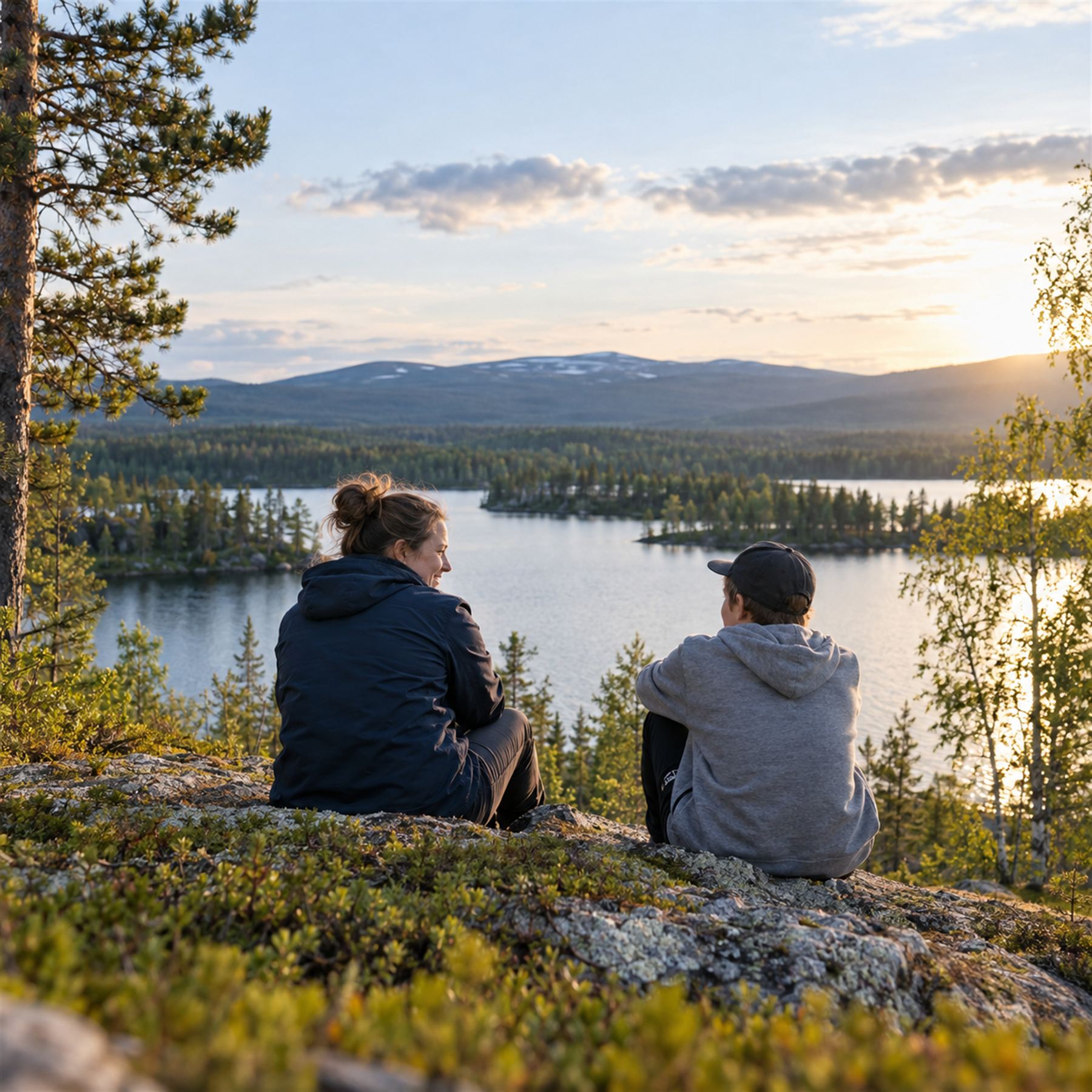 Aikuinen ja nuori istuvat yhdessä järven rannalla kesällä