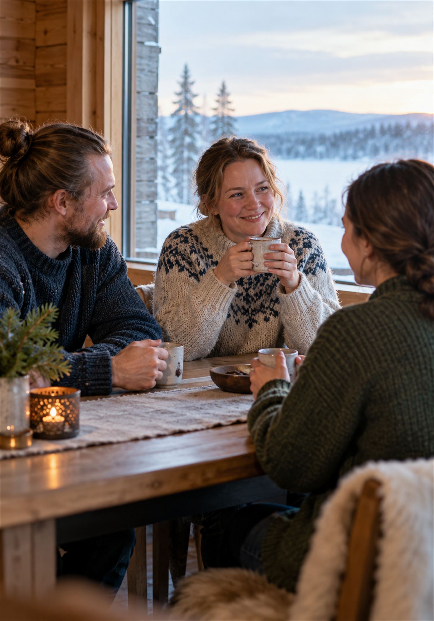Kuvitteellinen työryhmä keskustelee kahvin äärellä puisessa sisätilassa